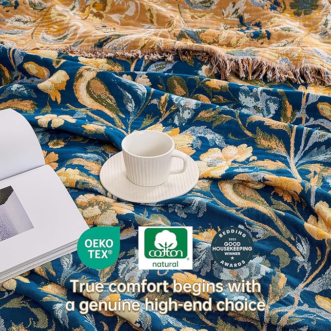 VANJOROY Boho Throw Blanket, 100% Organic Cotton Breathable Ultra Soft 91" x 108" King Bed Quilt Throw - All Season Floral Rustic Farmhouse Decor Luxury Blanket for Sofa Couch Chair and Gift