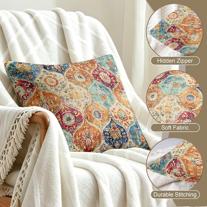 Boho Throw Pillow Covers 18x18 inch Set of 2,Soft Pillowcases Bohemia Carpet Printing Pattern Decorative Sofa Living Room Bed Square Pillow Case Cushion Cover-Cream Color