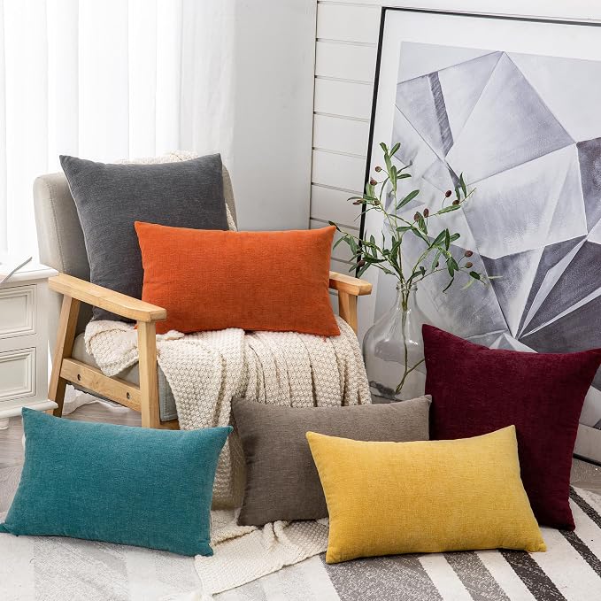 GAWAMAY Decorative Chenille Throw Pillow Covers 26x26 Inch Pack of 2, Soft Square Couch Pillow Cover for Sofa Cushion Living Room Bedroom Solid Dyed Oversized Pillowcases Grey 66x66cm (ONLY Covers)