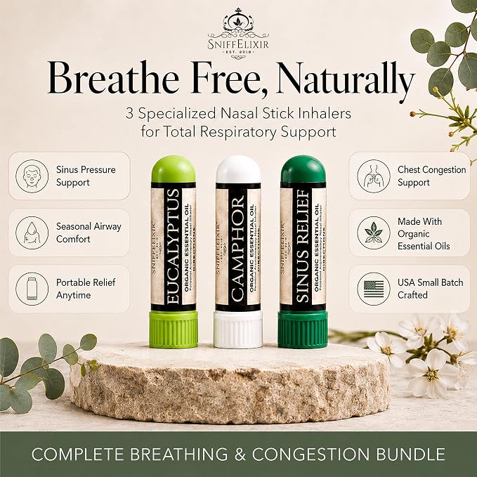 Sinus & Allergy Relief Essential Oil Aromatherapy Nasal Stick Vapor Inhaler - Breathe Free 3-Pack, Stuffy Nose, Mucus & Chest Congestion, Made with Organic Essential Oils