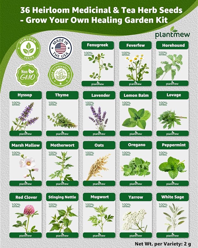 Medicinal Herb Seeds Variety Pack - 36 Non-GMO Herbal Tea Garden Seeds: Chamomile, Lavender, Echinacea, Yarrow, Mugwort for Planting Indoor & Outdoor, Apothecary & Homesteading Supplies