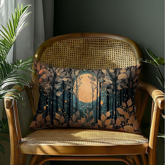 Rustic William Morris Style Gold Moon Pillow Covers 20x12,Vintage Black and Gold Forest Moon Botanical Nature Landscape Decorative Throw Pillow Covers for Home Bedroom Living Room
