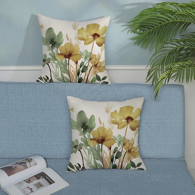 Floral Pillow Covers 18x18 Inch Set of 2 Sage Green Yellow Floral Throw Pillow Cover Outdoor Modern Spring Summer Flower Decoration Pillowcase Farmhouse Decorative Cushion Cover For Sofa Couch