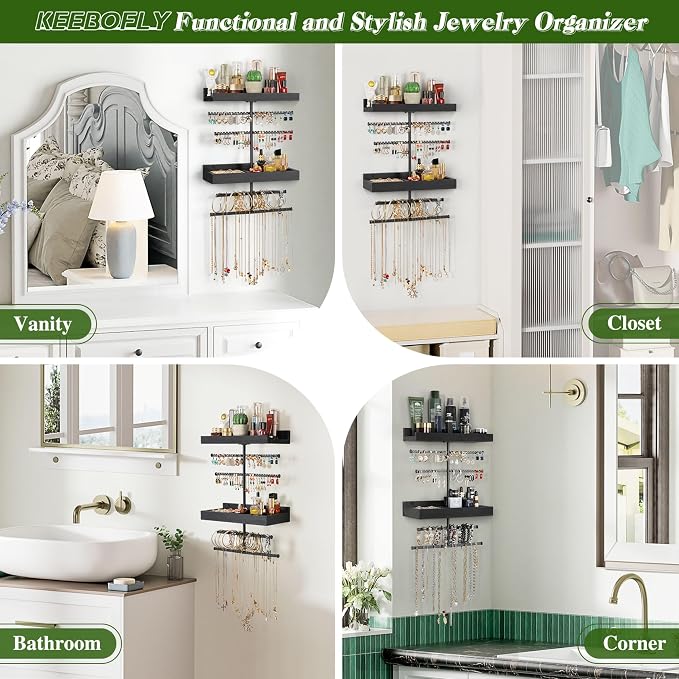 Keebofly Wall Mounted Jewelry Organizer with 2 Tired Shelves & Ring Holder- Jewelry Holder Wall Storage Display for Earrings, Necklace, Bracelet in Bathroom Bedroom, Black