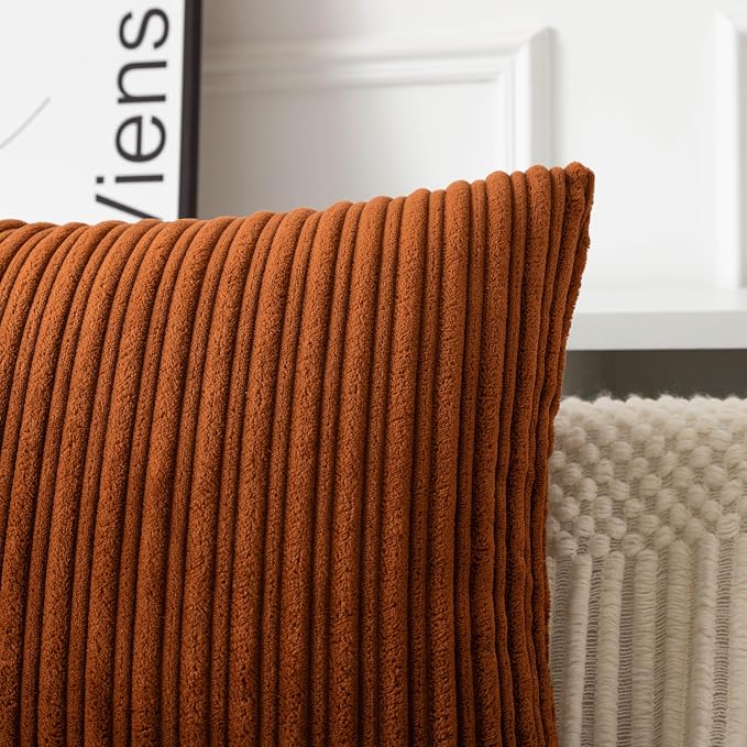 UGASA Velvet Lumbar Throw Pillow Cover, Both Sides Corduroy Striped Soft Solid Decorative Rectangular Cushion Case for Couch/Bedroom/Car, 1 Piece, 12x20 Inch, Brown
