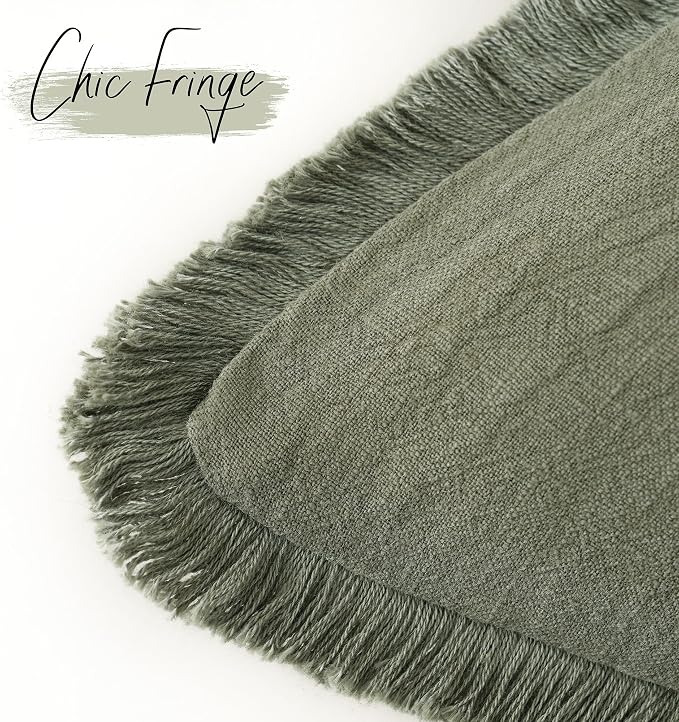 Foindtower Set of 2 Decorative Linen Fringe Throw Pillow Covers Cozy Boho Farmhouse Cushion Cover with Tassels Soft Accent Pillowcase for Couch Sofa Bed Living Room Home Decor, 22×22 Inch, Olive Green