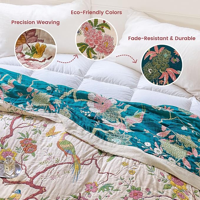 MSGKV Boho Throw Blanket 60"x80" Cotton Chinoiserie Bird Blanket for Couch | 100% Cotton Throw, Chinoiserie Floral Bird, Reversible Woven, Breathable Lightweight, Decorative Accent, Machine Washable