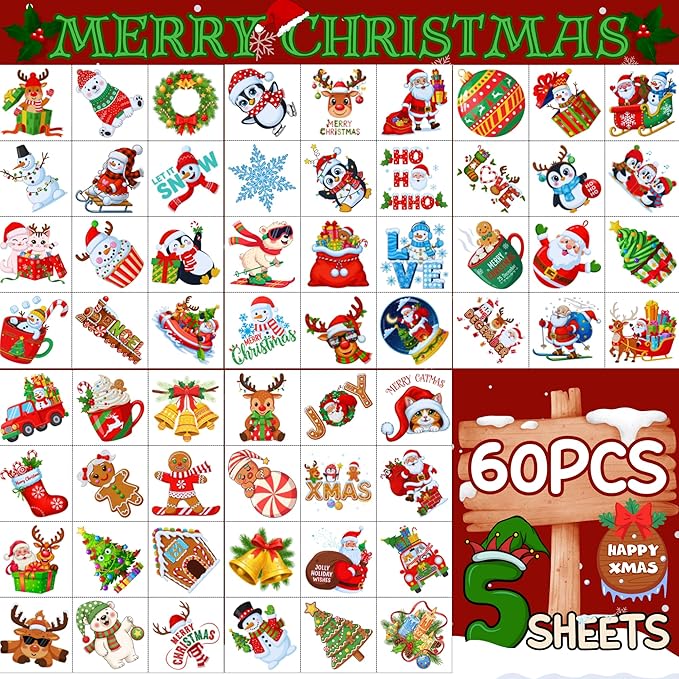Christmas Temporary Tattoos - 60Pcs Christmas Decorations Stickers Xmas Party Decorations Party Favors Supplies Decor Accessories Craft Santa Claus Reindeer Winter Gift Idea For Kids Youth Adult