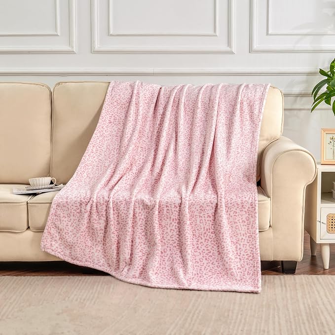 Edenleaf Leopard Print Blanket Fleece Throw for Bed Sofa Travel and Camping, Super Soft Cozy Fluffy Plush Cheetah Print Blanket for All Seasons 50"x60" (Light Pink)