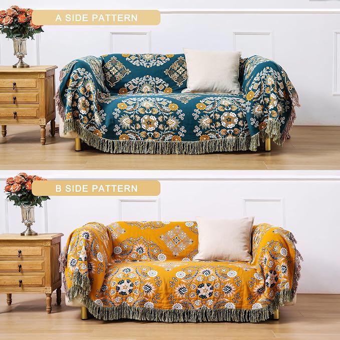VANJOROY Boho Throw Blanket, 100% Cotton Soft Sofa Bed Queen Throw-Floral Farmhouse Decor Blanket, Reversible Bohemian Yellow Throw for Chair Couch Quilt and Gift, 80" x 90"