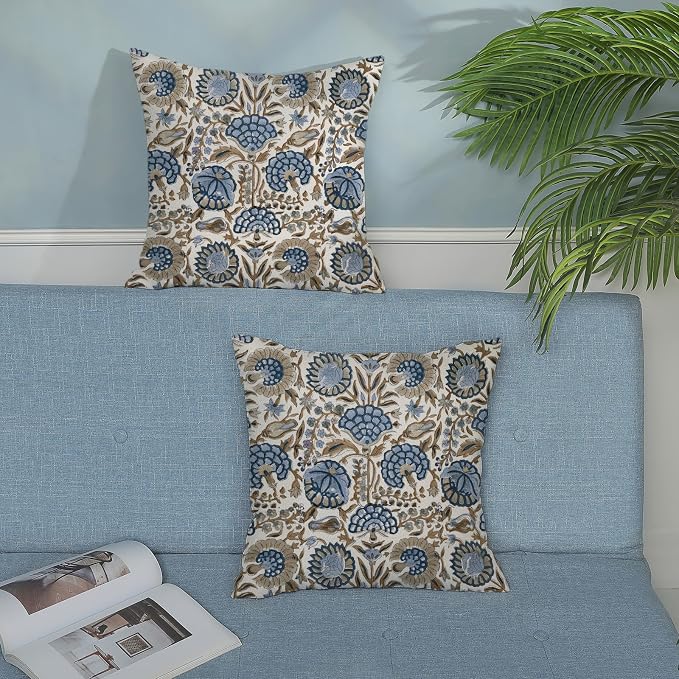 Block Print Pillow Covers 18x18 Inch Pack Of 2 Boho Blue Brown Floral Decor Throw Pillow Covers Spring Summer Flower Pillowcase Outdoor Farmhouse Decorative Square Cushion Cover for Home Couch