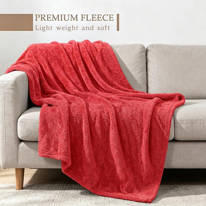 Exclusivo Mezcla Fleece Throw Blanket for Couch and Sofa, 50" x 60" | Super Soft and Cozy Fluffy Blanket for Women, Lightweight and Fuzzy Throw for Home Decor, All Season, Red