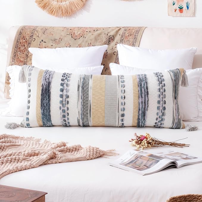 PANOD Boho Long Lumbar Throw Pillow Cover 16 x 36 Grey, Chenille Morocan Extra Long Pillow Case Cover, Decorative Long Pillow for Bed Couch Sofa Farmhouse
