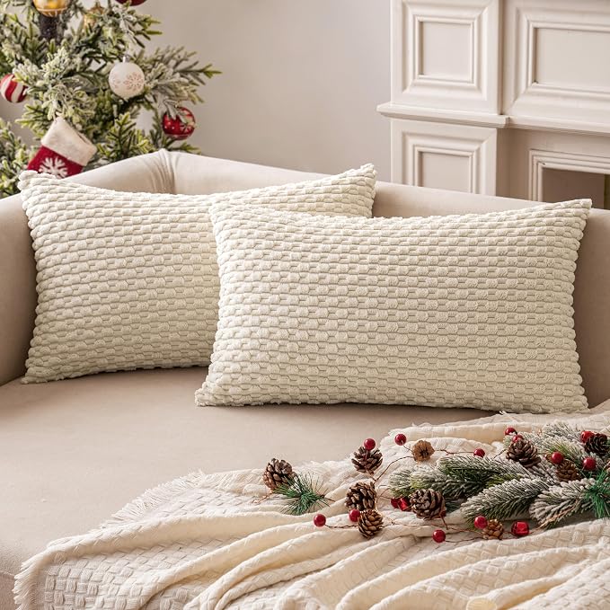 MIULEE Lumbar Decorative Throw Pillow Covers 12x20 Cream White Corduroy | Textured Striped Pack of 2 Striped Pillow Covers Modern Farmhouse Home Decor for Couch Bed Sofa Living Room