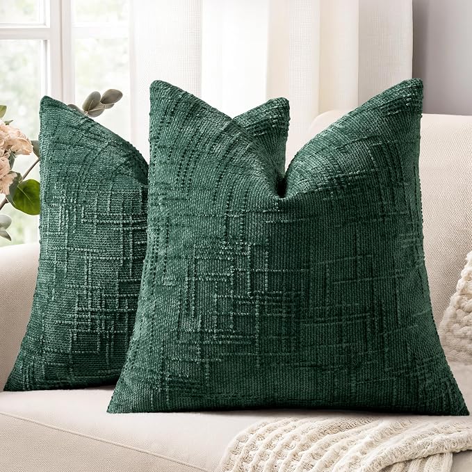 decorUhome Textured Chenille Throw Pillow Covers 20x20 Set of 2 Green | Fall Modern Farmhouse Soft Cozy Slubby Couch Pillow Cases Boho Decorative Pillow Cases for Bed Sofa Living Room Home Decor