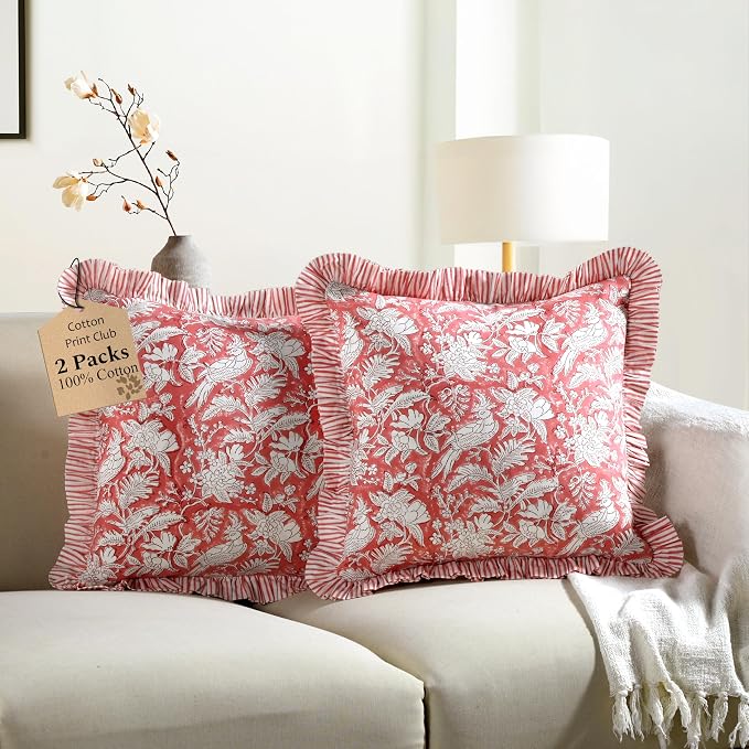 CPC Pink Coral Ruffle Throw Pillow Covers for Couch, 20x20 Inch Cotton Stripe Ruffle Couch Pillows for Living Room, Hidden 16 Inch Zipper Boho Pillow Case or Cute Outdoor Pillows