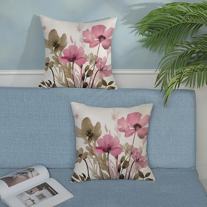 Spring Floral Pillow Covers 18x18 Inches Set of 2 Brown Pink Floral Throw Pillow Covers Outdoor Rustic Summer Flower Decoration Pillowcase Farmhouse Decorative Cushion Cover for Sofa Couch