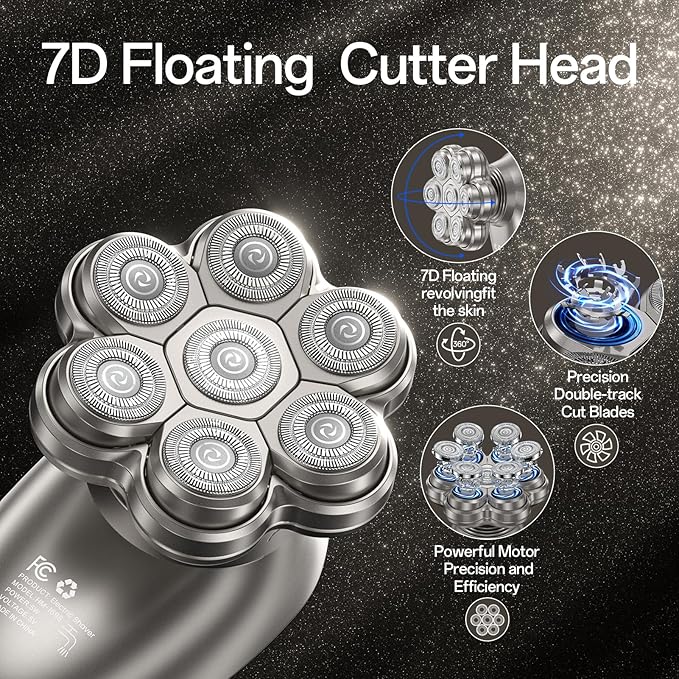 Electric Razor for Men, 7D Magnetic Detachable Electric Head Shaver, IPX7 Waterproof Wet Dry Bald Body Head Shaver, 5-in-1 Head & Body Hair Shavers for Men, for Beard Trimmer,Nose Trimmer, Head (Gray)