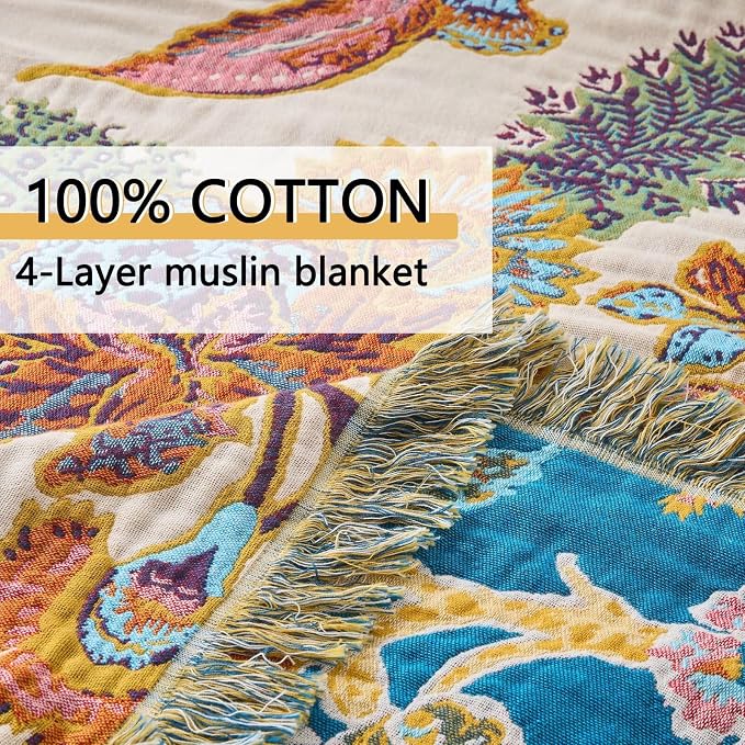 Boho Throw Blanket Farmhouse Decor Throw Blanket Bohemian Blanket for Bed 100% Cotton Muslin Woven Couch Blanket All Seasons Quilt Bedroom (E-Beige, 60"x80")