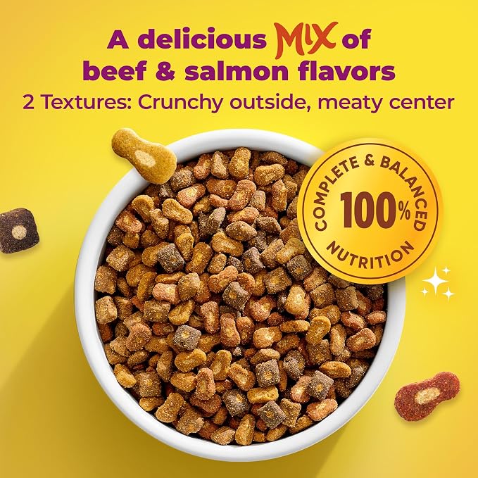 Meow Mix Tender Centers, Dry Cat Food, Beef & Salmon Flavors, 4 Bags | 3-lb bags, two texture kibble, meaty center surrounded by a crunchy outer layer, basted bites for irresistible flavor