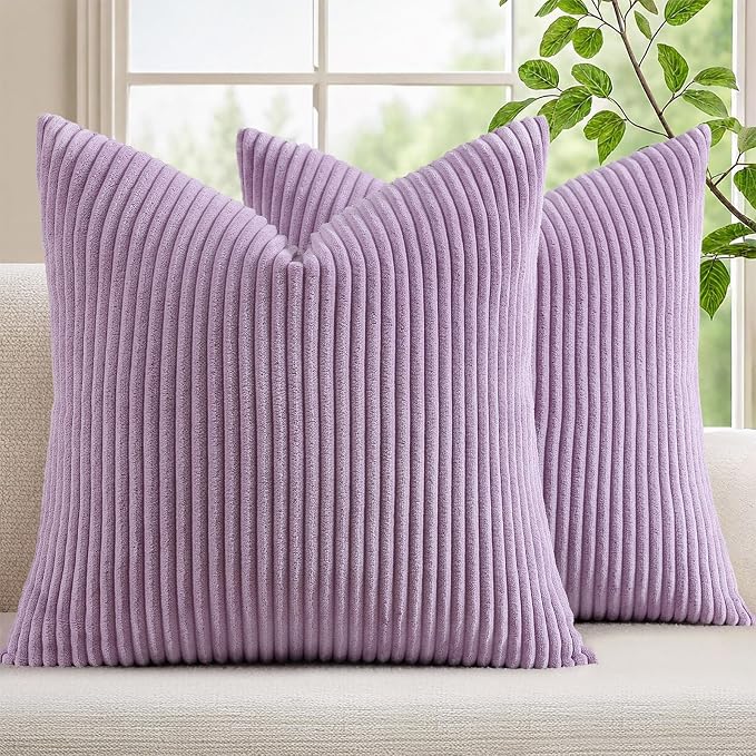 Mecatny Corduroy Decorative Throw Pillow Covers 22x22 Set of 2 Lilac | Soft Striped Texture, Hidden Zipper Design, Neutral Boho Square Pillow Cases for Sofa Couch Living Room Bedroom, Home Décor