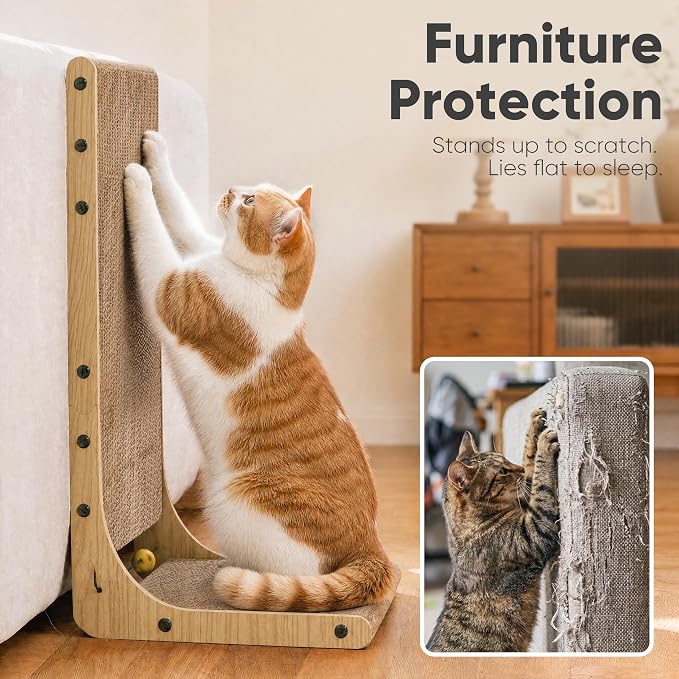 FUKUMARU Cat Scratcher 2 Packs, 25 Inch Cat Scratching Boards, L Shaped Pad | Cardboard Cat Scratcher for Indoor Cats, Vertical Scartch Pads with Ball Toy, Kitten Scratching Post Wall, Wood Color