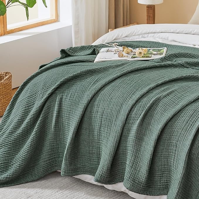 EMME Cotton Muslin King Blanket Breathable Gauze Soft Lightweight Blankets Adults Gifts for Women (Heather Forest Green, 108"x90")