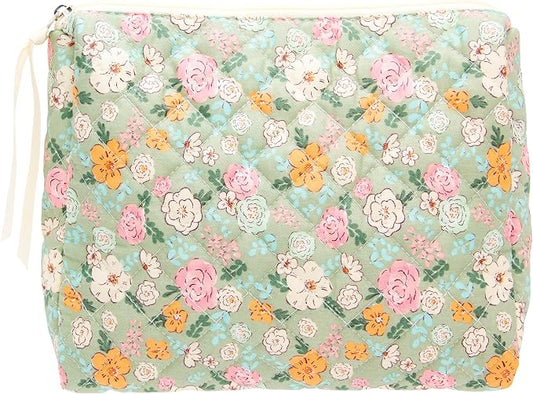 PAZIMIIK Quilted Makeup Bag Large Travel Zipper Soft Cosmetic Pouch for Women Girls Make Up,Green Flower