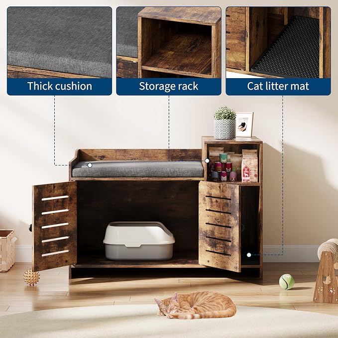 Cat Litter Box Enclosure Furniture, Large Hidden Litter Box Cabinet with Double Door, End Table Cat House with Storage Shelf, Modern Pet Furniture for Living Room, Brown