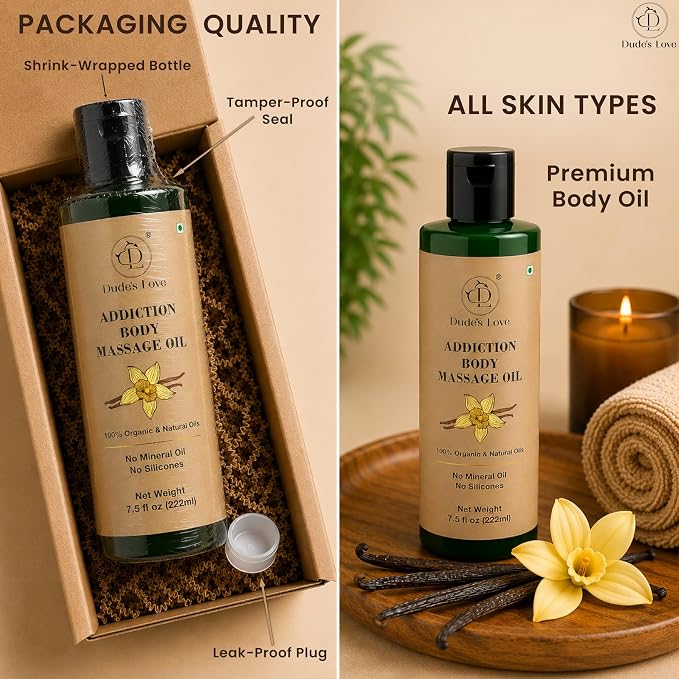 Addiction Body Massage Oil | Vanilla Scent | 100% Natural & Organic Oils | No Mineral Oil, No Silicones | Deep Nourishing Body Oil | 7.5 fl oz (222ml)