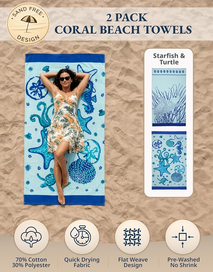 LANE LINEN Beach Towels for Women, 2 Pack Oversized, Pre-Washed, No-Shrink, Sand-Free, Quick Dry, Lightweight Travel Beach Towels for Pool & Shore, Soft and Absorbent – 39"x71", Sky Blue