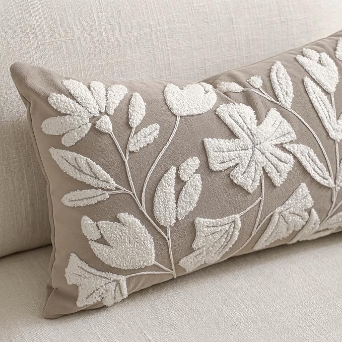 Decorative Lumbar Pillow Cover 12x20, Light Taupe Accent Velvet Throw Pillowcase for Couch Sofa Living Room, Floral Tufted Rectangular Cushion, Cover Only