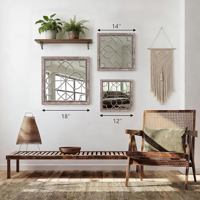 Set of 2 18 Inch Large Square Brown Window Pane Wall Mirrors, Shatterproof Rustic Farmhouse Boho Vintage Accent Mirrors for Living Room, Bedroom, Bathroom, Entryway & Home Decor