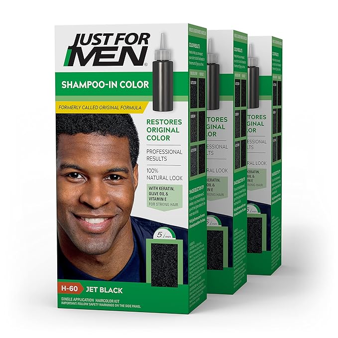 Just For Men Shampoo-In Color (Formerly Original Formula), Mens Hair Color with Keratin and Vitamin E for Stronger Hair - Jet Black, H-60, Pack of 3