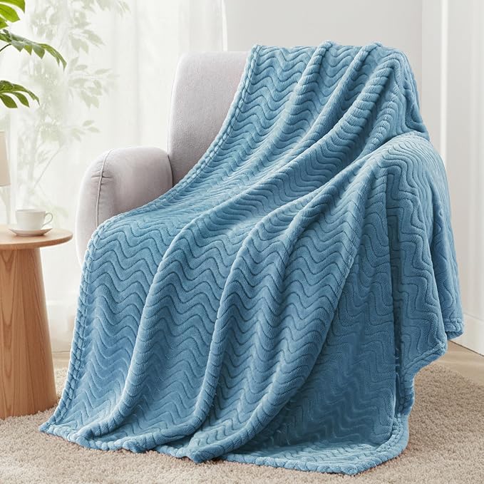 Exclusivo Mezcla Soft Fleece Throw Blanket for Couch, Cozy Lightweight Blankets with Decorative Wave Textured Suitable for All Season Use, Slate Blue, 50x70 Inches | 50"x70" Soft Breathable Lightweight Flannel Throws for Summer, Plush Cozy Jacquard Wav...