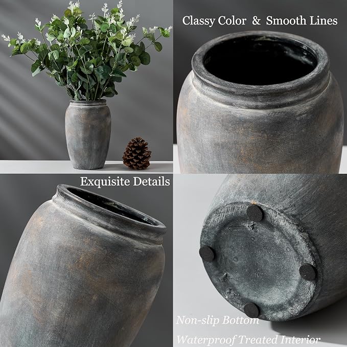 PORCER 8.2 Inch Ceramic Terracotta Rustic Vase Home Decor Farmhouse Decorative Vase for Living Room Entryway Floor Holiday Wedding-Black Bronze
