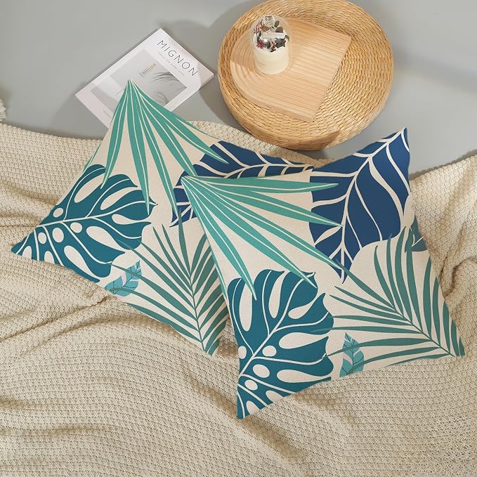 Tropical Pillow Covers 20x20 Set of 2 Navy Blue Aqua Teal Monstera Palm Leaf Pillowcase Summer Decorations Tropical Outdoor Throw Pillows Linen Decor Botanical Plant Cushion Case for Home Bed