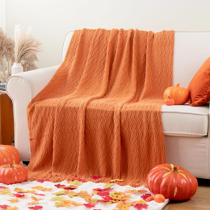 BATTILO HOME Burnt Orange Throw Blanket for Couch, Decorative Fall Throw Blanket with Tassels Halloween Throw Fall Decor, 50"x60"