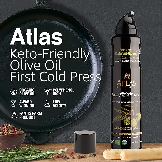 Olive Oil Spray by Atlas, Dual Function Olive Oil Cooking Spray and Stream, 5.4 fl oz, 3 Pack, Extra Virgin, Non Stick, Cold Pressed, Polyphenol Rich, Organic Moroccan EVOO, Hydroxytyrosol, Keto