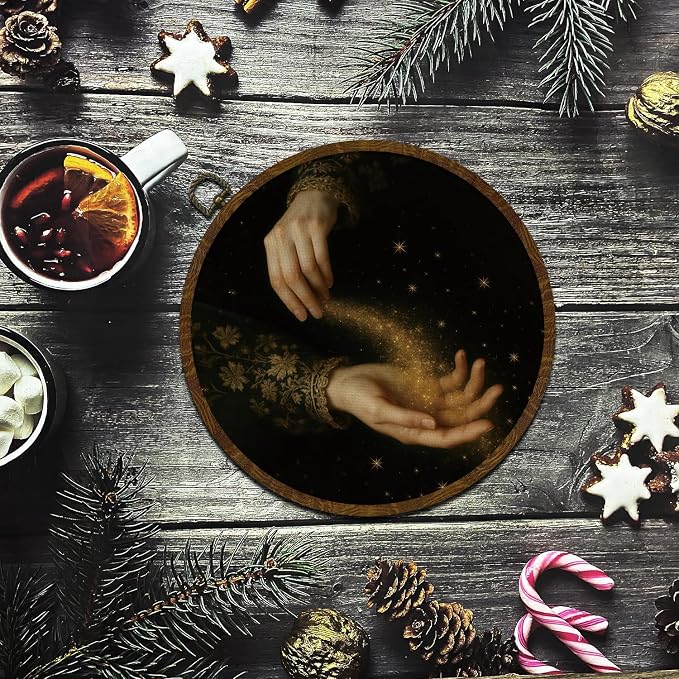 KLYTINK We Are All Stardust Home Decor,Romantic Academia Round Wall Art,Goddess Hands Canvas Print with Star Dust, Gothic Dark Vintage Hanging Decor for Bedroom or Study 10''x10''(Golden sand)