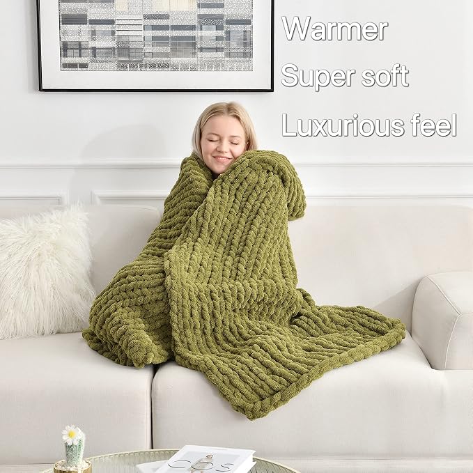 Maetoow Tighter Version Chenille Chunky Knit Blanket Throw,60×80,Olive Green