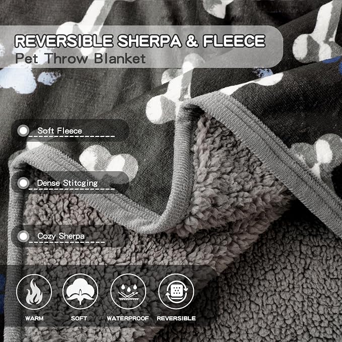 Waterproof Pet Blanket for Small Dogs and Cats 30"x40" | Washable Dog Blanket, Soft Fluffy Sofa Car Bed Protector, Reversible Sherpa Fleece Puppy Blanket, Navy Paws