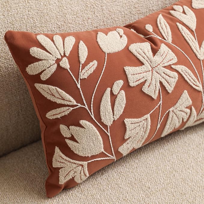 Throw Pillow Cover 20x20 Inch, Rust Terracotta Floral Tufted Velvet Decorative Accent Pillow Case for Sofa Bed Living Room, Cover Only