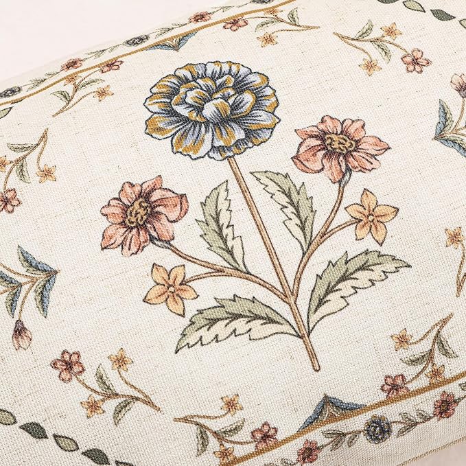 Designer Vintage Linen Throw Pillow Cover,28"x12"-Cornucopia B | Elegant French Rectangle Pillow Cover,Concealed Zipper Design,Floral Pattern,Sofas,Bedroom,Living Room,Lounge Chairs