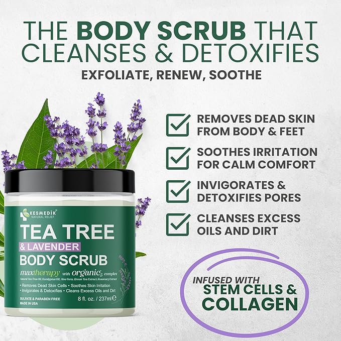 Kesmedik Pure Tea Tree Oil Body & Foot Scrub, Himalayan Salt Exfoliating Scrub with Stem Cells & Shea Butter, Antifungal Defense, Acne Support, Itchy Skin Relief, Removes Dead Skin & Rough Patches