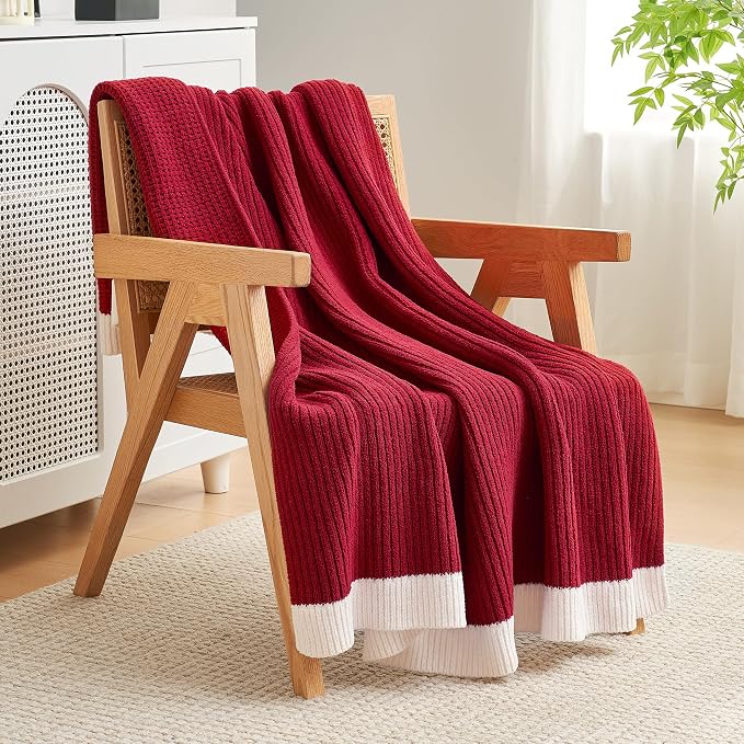 Chenille Throw Blanket, Soft Cozy Waffle Throw for Couch & Sofa, Warm Yet Lightweight, Breathable All-Season Throws for Women Men, Housewarming, Birthdays, 50"x60", Red