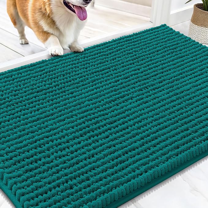 OLANLY Dog Door Mat for Muddy Paws 30x20, Extra Absorbent Chenille Mud Mat | Dark Blue, Absorbs Moisture and Dirt, Non-Slip Machine Washable Doormat, Quick-Drying Indoor Entryway Floor Mat for Dogs