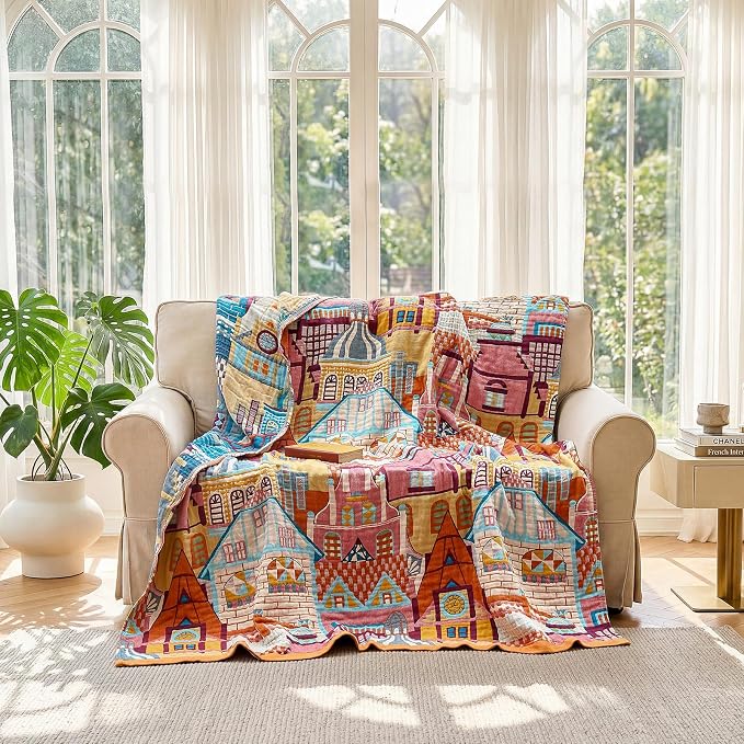 LUTBM Boho Throw Blanket for Couch 50"x60", Cotton Decorative Bed Throws | Reversible Classical Architecture Jacquard, All-Season Lightweight Soft Blankets, For Chair Sofa Bedroom Living Room Decor