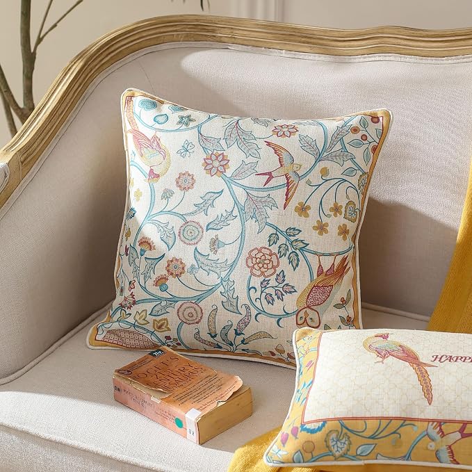 patdrea French Linen Throw Pillow Cover,18"x18",Set of 2-Magnolia A | Vintage Decorative Pillow Case with Zipper,Yellow Floral Pattern,Cushion Coverfor Couch Living Room Bedroom Sofa