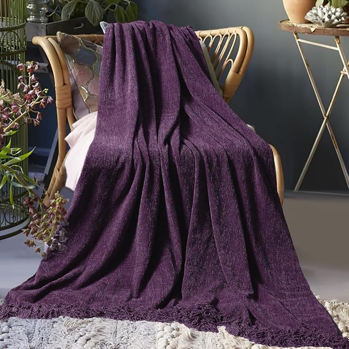 Chenille Throw Blanket for Couch 60" x 80" Twin, Dark Purple | Soft Cozy Warm Throws with Fringe Tassel, for Living Room Bed Sofa Chair Cover, Lightweight Knitted Decorative Boho Blankets